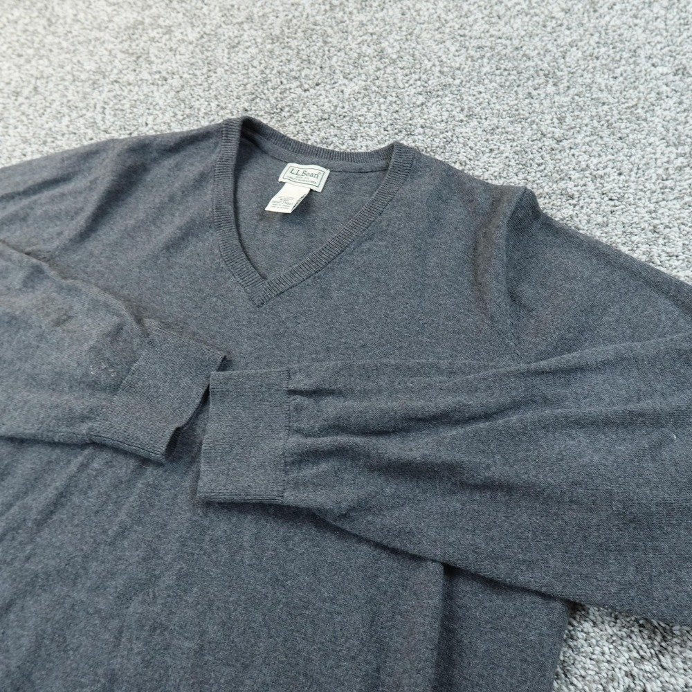 LL Bean Sweater Mens M Gray Cotton Cashmere V Neck Knit Pullover Outdoor Casual